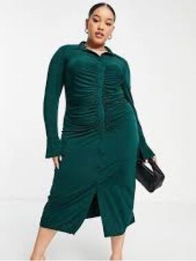 ASOS DESIGN CURVE SLINKY SLIM FITTED MIDI SHIRT DRESS WITH RUCHING IN DARK GREEN